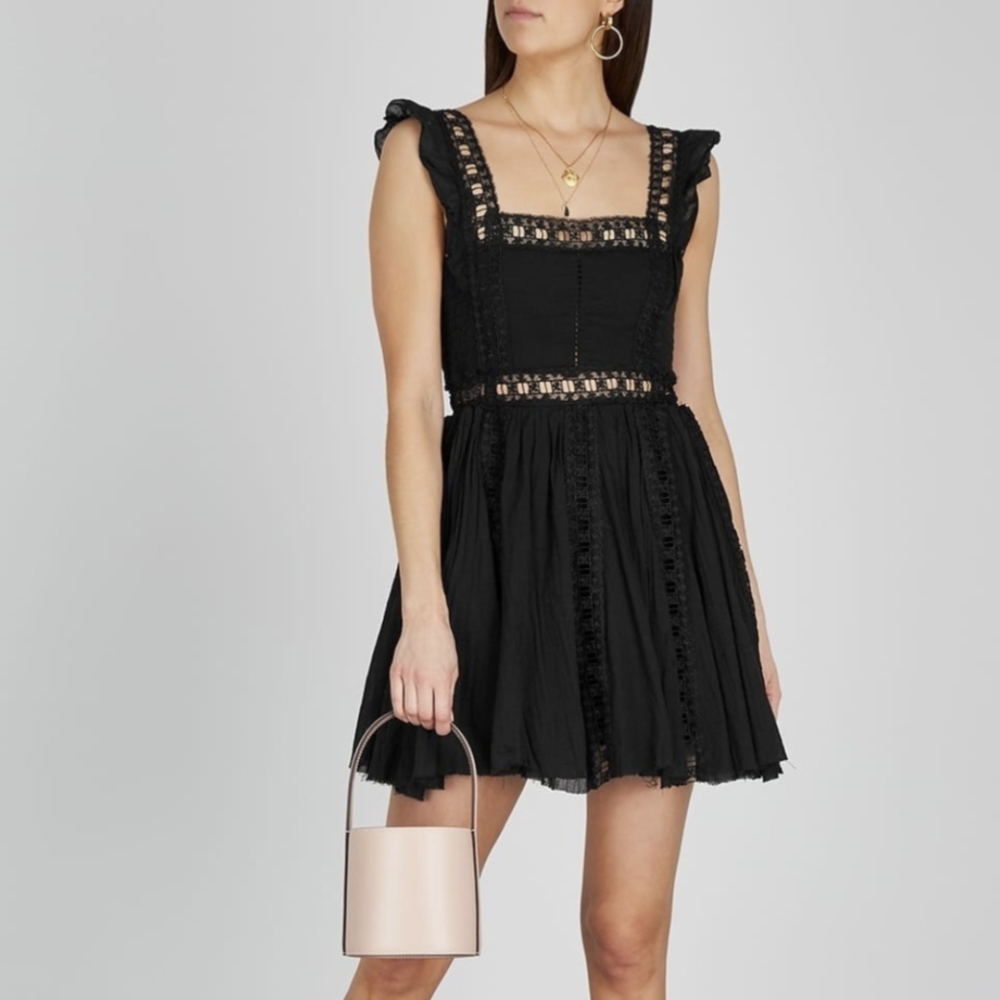 Free People‎ Verona Black Mini Raw Hem Dress S Boho Lace Cottagecore Favorite